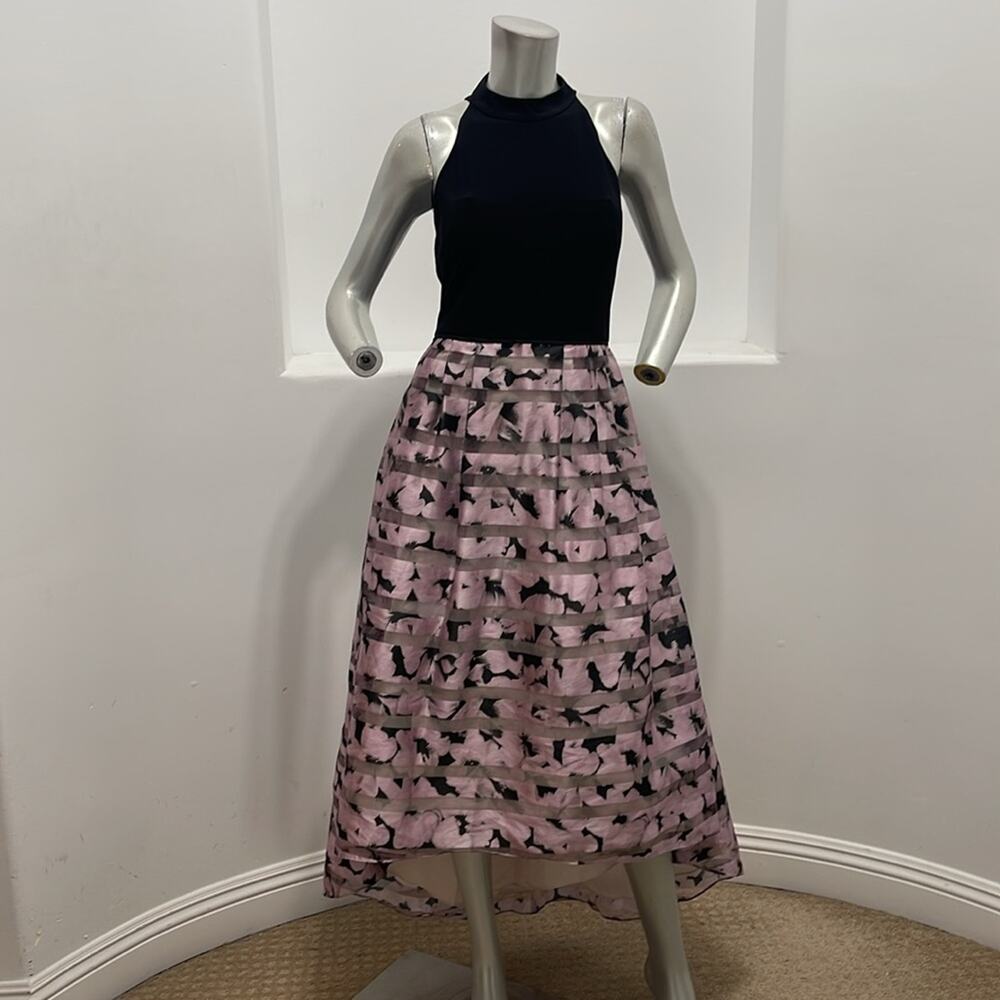 JS Collections Petite Fit & Flare Black Purple Print Hi/Lo Gown Dress Size 8P